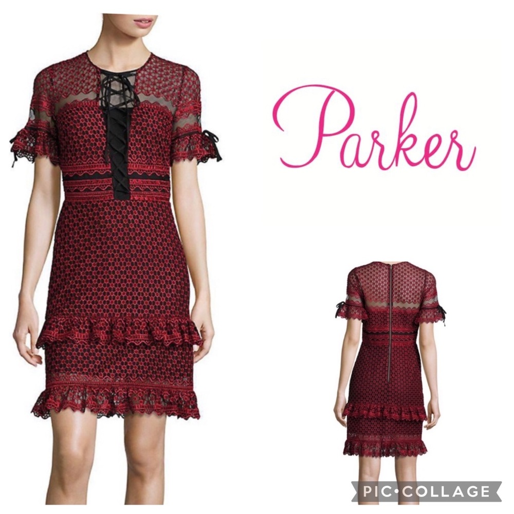 Parker Emilia Ruffled Lace Dress Cranberry Red Black Size XS